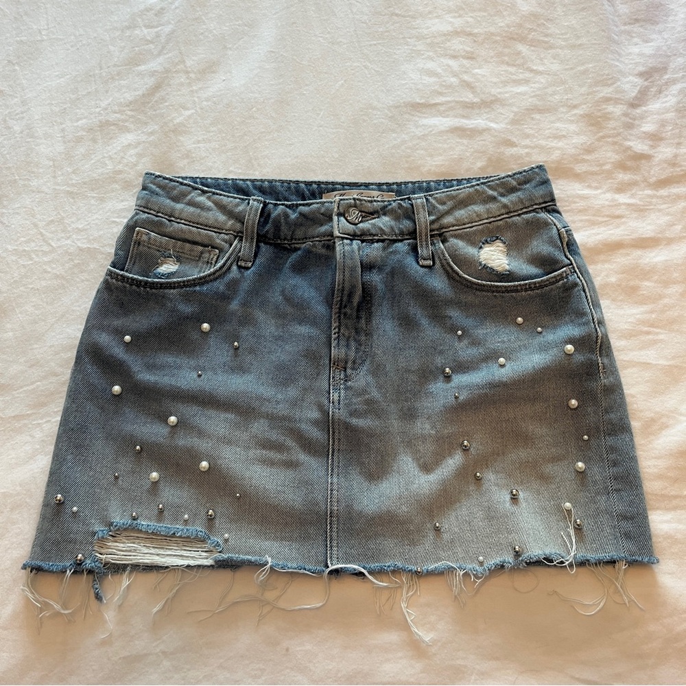 Denim Mini Skirt with Pearl Details
